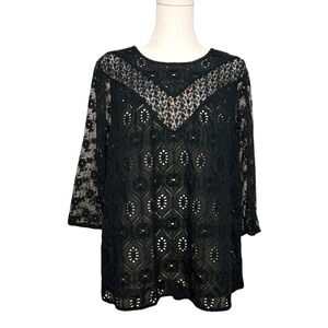 Fleur Wood Black Lace Sheer Panel Flowy Cutout Cotton Boho 3/4 Sleeve Top Medium